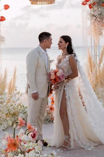 V-neck Appliques Lace A-Line Wedding Dresses with Split_4