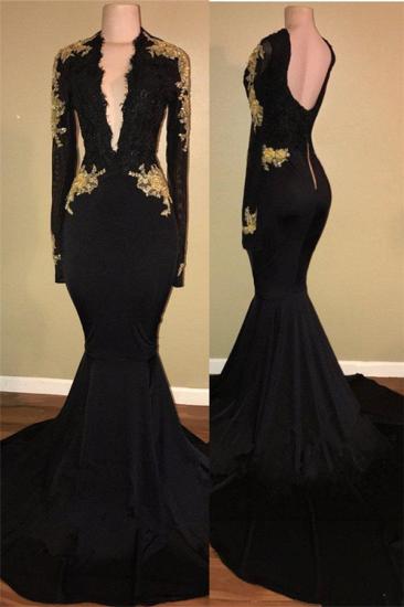 Gold Lace Long Sleeve Prom Dress | Sexy Black Open Back Mermaid Evening Dress Cheap