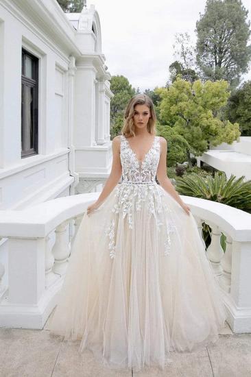 Beautiful A line V neck Tulle Sleeveless Wedding dress with lace