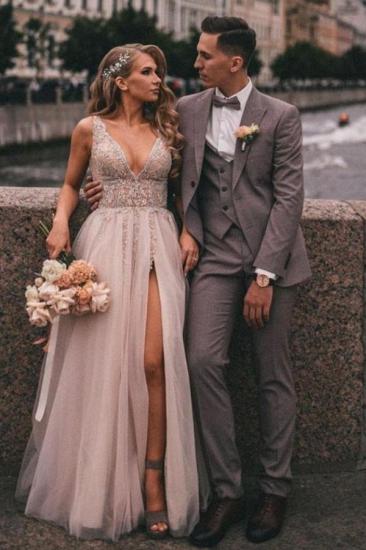 Boho Long V-Neck Tulle Wedding Dress with Side Slit | Wedding dresses with lace_1