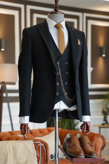Patrick Formal Black 3 Piece Notched Lapel Best Business Mens Suit_2