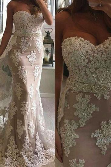Sweetheart Sheath Lace Prom Dresses with Beads Belt Sexy Long Evening Gown with Long Train_2