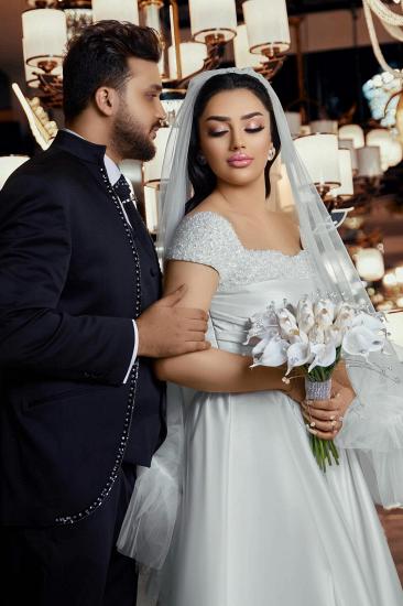 Simple Wedding Dress Satin Wedding Dresses A Line with Pearls_6