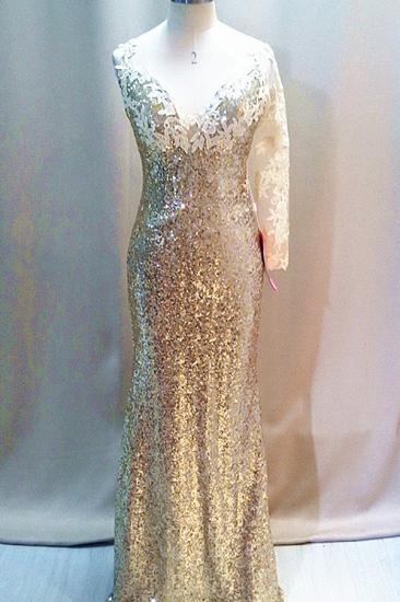 Gold Sequined One Long Sleeve Evening Dresses Sheer Back Sexy Sparkly Long Dresses for Women