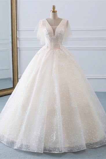 Bradyonlinewholesale Gorgeous Ball Gown V-Neck Tulle Beadings Wedding Dress Rhinestones Appliques Bridal Gowns with Short Sleeves On Sale_1