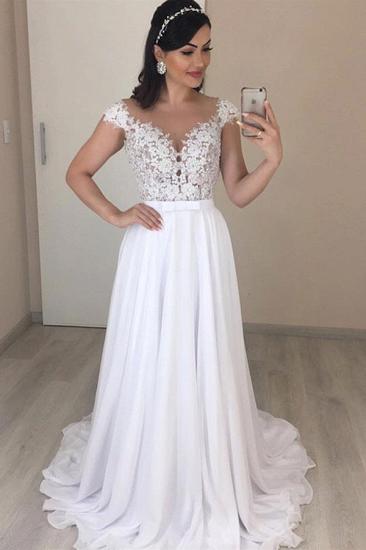Fantastic Cap Sleeves V Neck Long Wedding Dress |  Lace Chiffon Bridal Gown