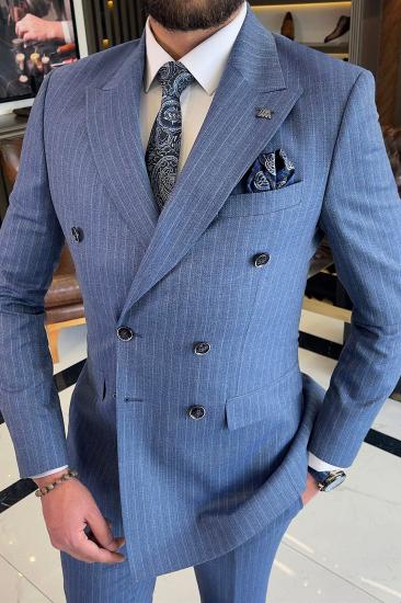 Blue Striped Peaked Lapel Double Breasted Business Suits_1