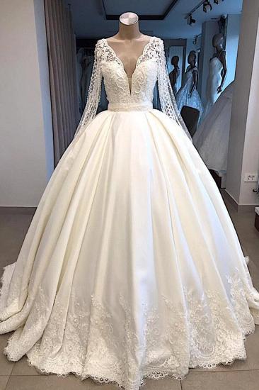 Graceful V Neck Long Sleeves Lace Appliqued Beading Bride Dresses | Wedding Party gowns With Zipper And Buttons