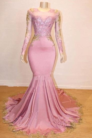 Pink Mermaid Long Sleeves Prom Dresses Cheap | Gold Appliques Evening Dresses Online