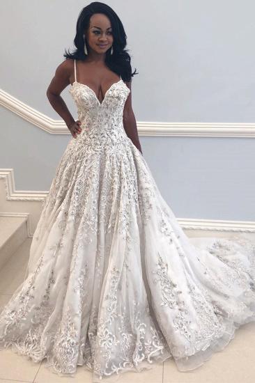 Elegant Spaghetti-Straps Long Wedding Dress | V-Neck Lace Appliques Bridal Gown_1