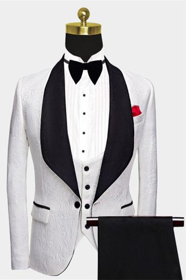 Black Lapel Floral White Mens Suit |  Mens Three Piece Evening Dress