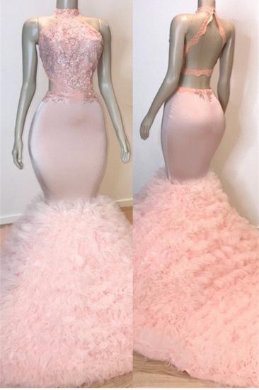 Open Back Ruffled Tulle Mermaid Cheap Prom Dress | Beads Lace Appliques Pink Sexy Evening Gowns_1