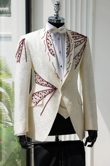Hayes White Jacquard Burgundy Beadings 3 Piece Men's Suit for Wedding_2