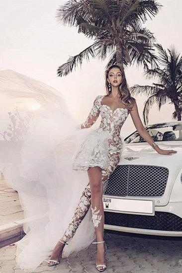 Elegant Lace Jumpsuit Asymmetirc See-through Overskirt White Wedding Dress_4