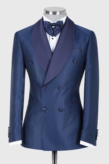 Navy Two-Piece Double Breasted Cape Lapel Wedding Suit_1