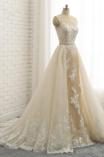 Bradyonlinewholesale Glamorous Jewel Tulle Champagne Wedding Dress Appliques Sleeveless Overskirt Bridal Gowns with Beading Sash Online_3