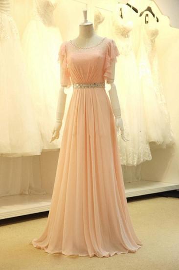 Pink Lace Sparkly Crystal Sash Cute Long Prom Dresses with Unique Sleeve Pretty Popular Evening Gowns_1