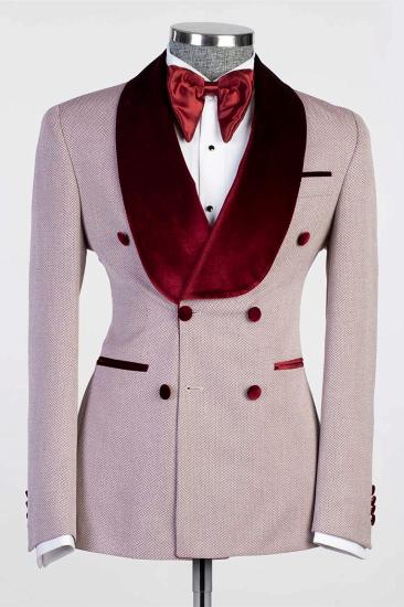 New Arrival Double Breasted Fashion Prom Suits With Burgundy Shawl Lapel_1