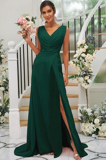 Long V-Neck Evening Dress | Pleated Split Chiffon Prom Dress Simple_12