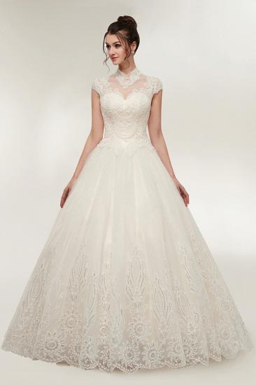 A-line High Neck Short Sleeves Long Lace Appliques Wedding Dresses with Lace-up_3