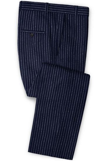 Latest Dark Blue Linen Formal Tuxedo | Business Striped Two Piece Mens Suit_3