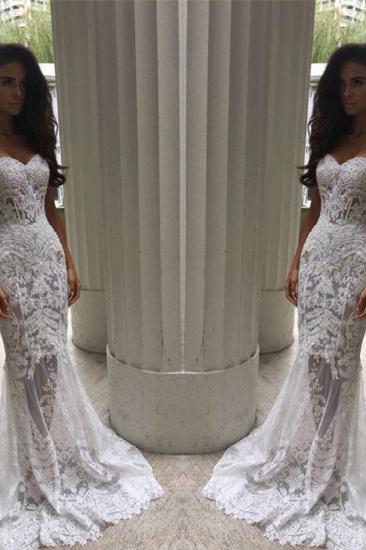 White Sweetheart-Neck Sheer Lace Appliques Mermaid Wedding Dresses_4