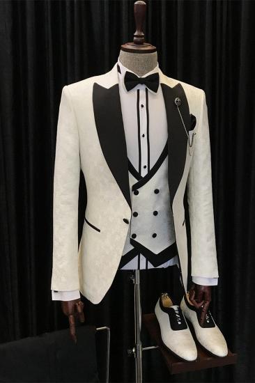 Alvin New White Jacquard Three Piece Black Point Lapel Wedding Suit_1