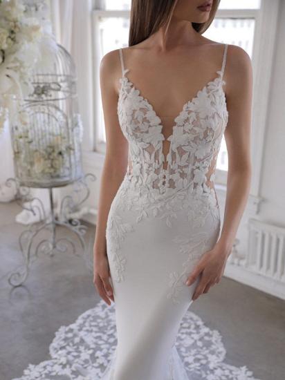 Glamorous Spaghetti Deep V-Neck Mermaid Sleeveless Bridal Gown | Backless Wedding Dress with Lace Appliques_3