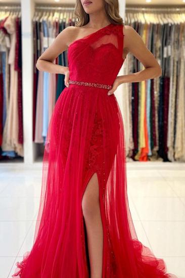 Charming One Shoulder Tulle Evening Prom Dress with detacable train side slit_4