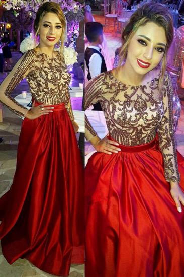 Sexy Backless Long Sleeve Prom Dress Red Long Champagne Sequins Evening Gown with Sash