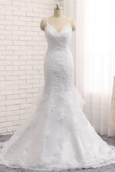 Bradyonlinewholesale Elegant V-neck White Mermaid Wedding Dresses Sleeveless Lace Bridal Gowns With Appliques On Sale_6