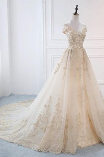 Bradyonlinewholesale Gorgeous V-Neck Sleeveless Tulle Wedding Dress Champagne Appliques Bridal Gowns Online_3