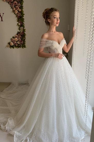 Trendy Off-the-shoulder Princess Pearl White Ball Gown Wedding Dresses_4
