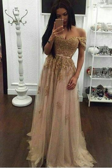 Appliques Long A-line Off-the-Shoulder Evening Dresses Gold Sexy Prom Gown_2