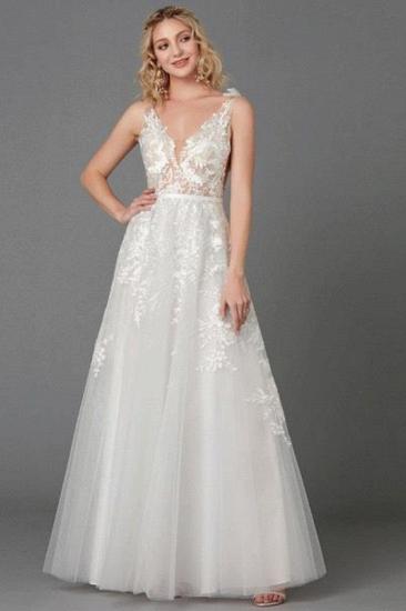 A-Line Wedding Dresses Plunging Neck Floor Length Lace Tulle Sleeveless See-Through_1