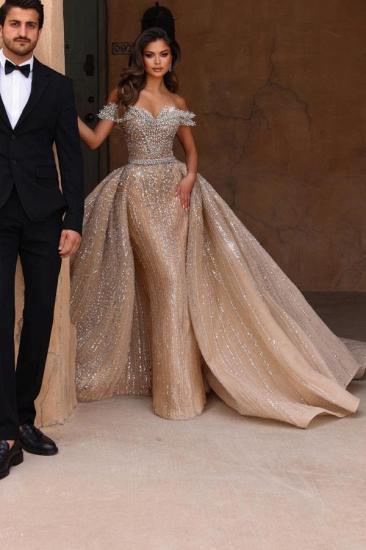 Champagne Sparkly Off Shoulder A Line Long Prom Dresses