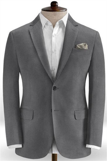 Grey Corduroy Mens Suit Two Piece |  Notched Laple Business Tuxedo_1