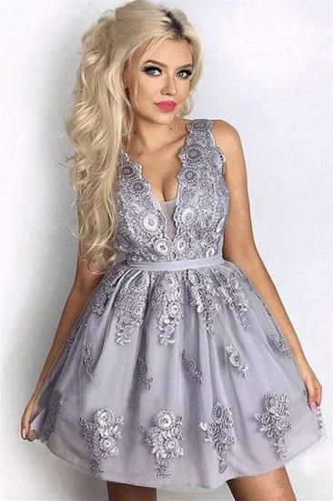 Silver A-Line Sleeveless Short Homecoming Dresses | Lace Homecoming Dress Cheap