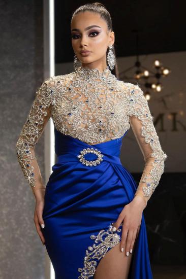 Luxurious Backless Royal Blue Satin Mermaid Evening Dress Long Sleeves Crystal Gold Applique Party Dress_2