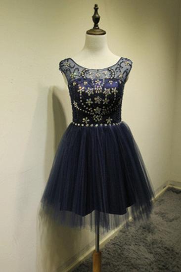Cute Blue Tulle Mini Cocktail Dresses with Beadings Short Elegant Open Back Fashionable Dresses for Juniors