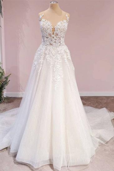 Sleeveless A-Line Wedding Dress with Floral Lace Appliques V Neck White Floor Length Bridal Dress_1