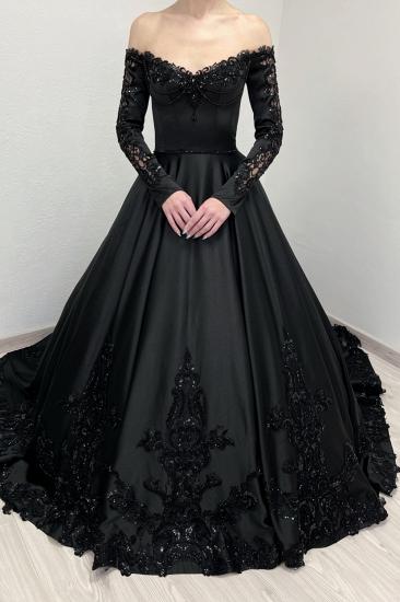 Designer Wedding Dresses A Line Black Wedding Dresses with Sleeves_2