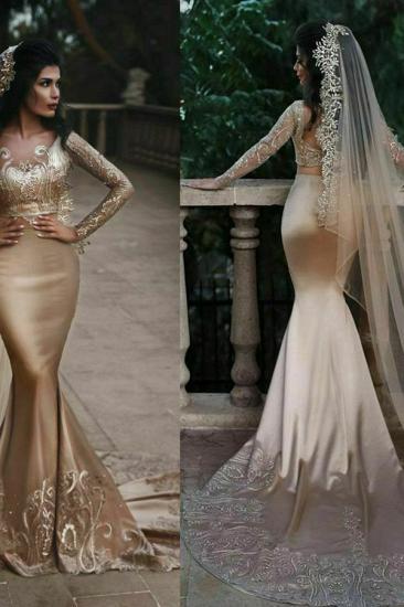 Luxurious Two-piece Mermaid Champagne Wedding Dresses With Lace Appiques And Beading | Long Sleeves Bride's Gowns On sale_3