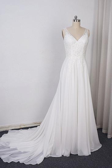 Bradyonlinewholesale Elegant Straps V-neck Chiffon White Wedding Dress Sleeveless Lace Appliques Ruffle Bridal Gowns On Sale
