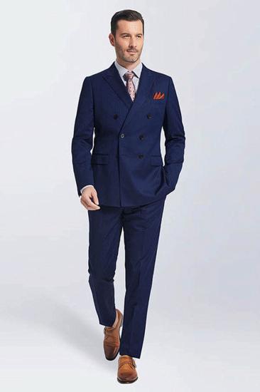Navy Blue Double Breasted Peak Lapel Slim Fit Mens Suit_1