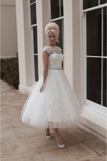 Cap sleeves Lace White Illusion neck Beach Short Wedding Dress_2