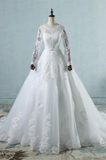Bradyonlinewholesale Elegant Jewel Tulle Lace Wedding Dress Long Sleeves Appliques A-Line Bridal Gowns On Sale