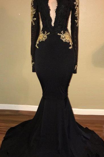 Gold Lace Long Sleeve Prom Dress | Sexy Black Open Back Mermaid Evening Dress Cheap_2