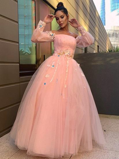Pink puffy pricess tulle long sleeves floor lenth prom dress_2