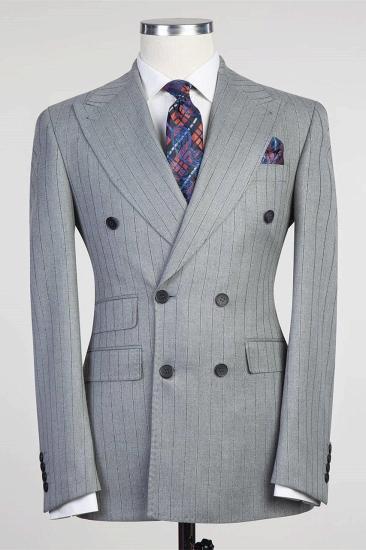 Hayden Gray Stripe Point Collar Double Breasted Fashionable Business Men's Suit_1